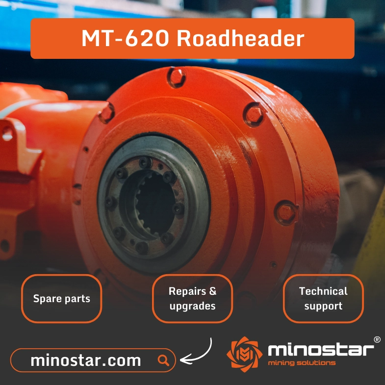 Image presents Minostar technical support for MT-620 roadheaders, including spare parts, overhauls, repairs, and modernization services.