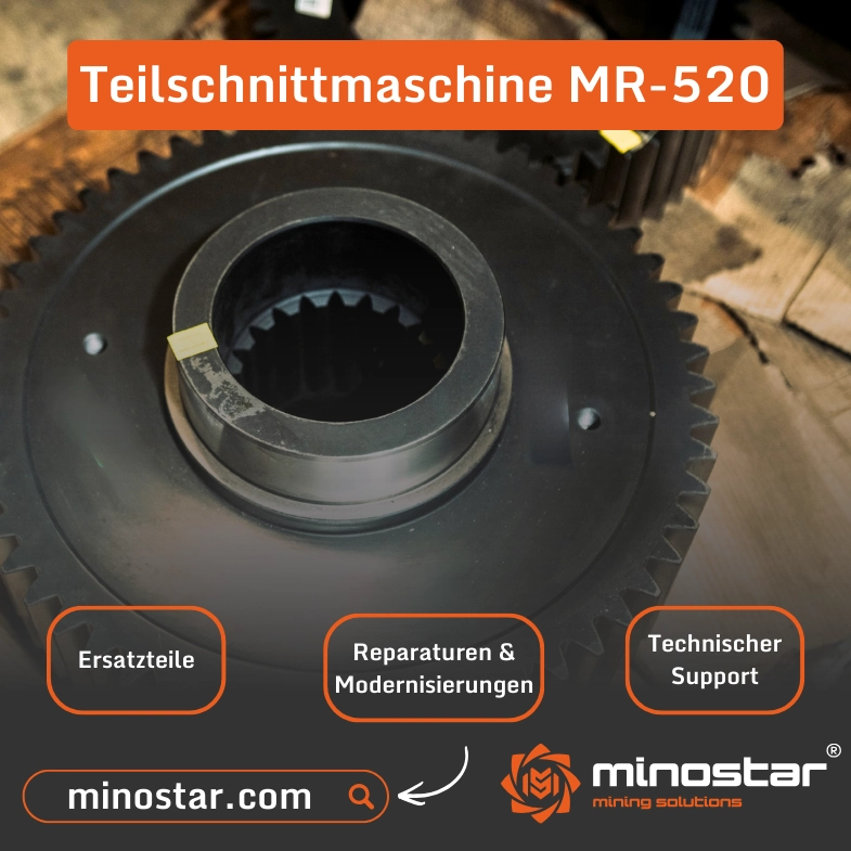 Bild zeigt das technische Serviceangebot von Minostar für Teilschnittmaschinen MR-520, einschließlich Ersatzteilen für MR-520-Maschinen sowie Überholungen, Reparaturen und Modernisierungen.