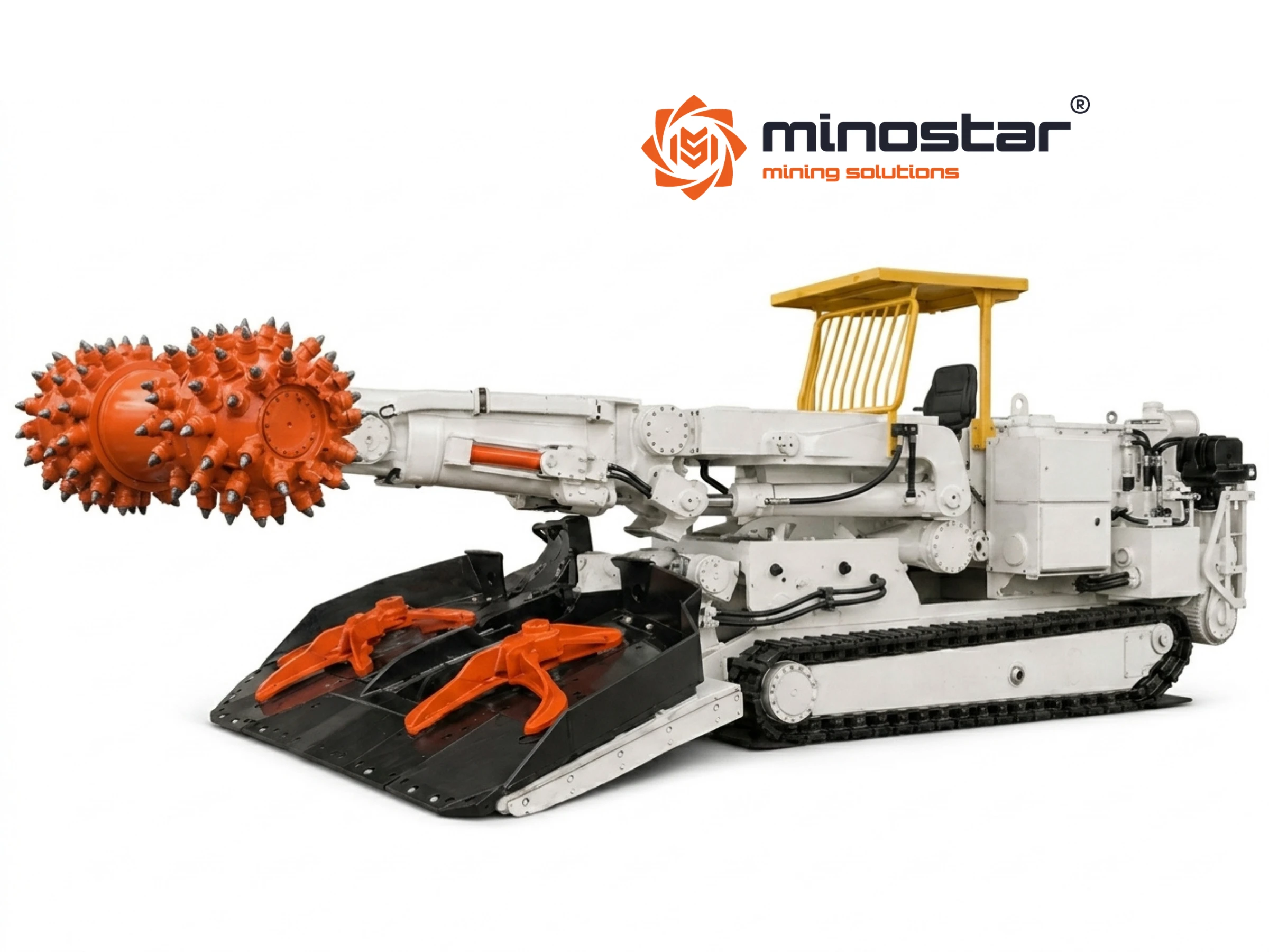 Visualización de la rozadora de galerías MR50 (Minostar Roadheader 50) La imagen muestra una visualización de la rozadora de galerías MR50 desarrollada por Minostar – Minostar Roadheader 50