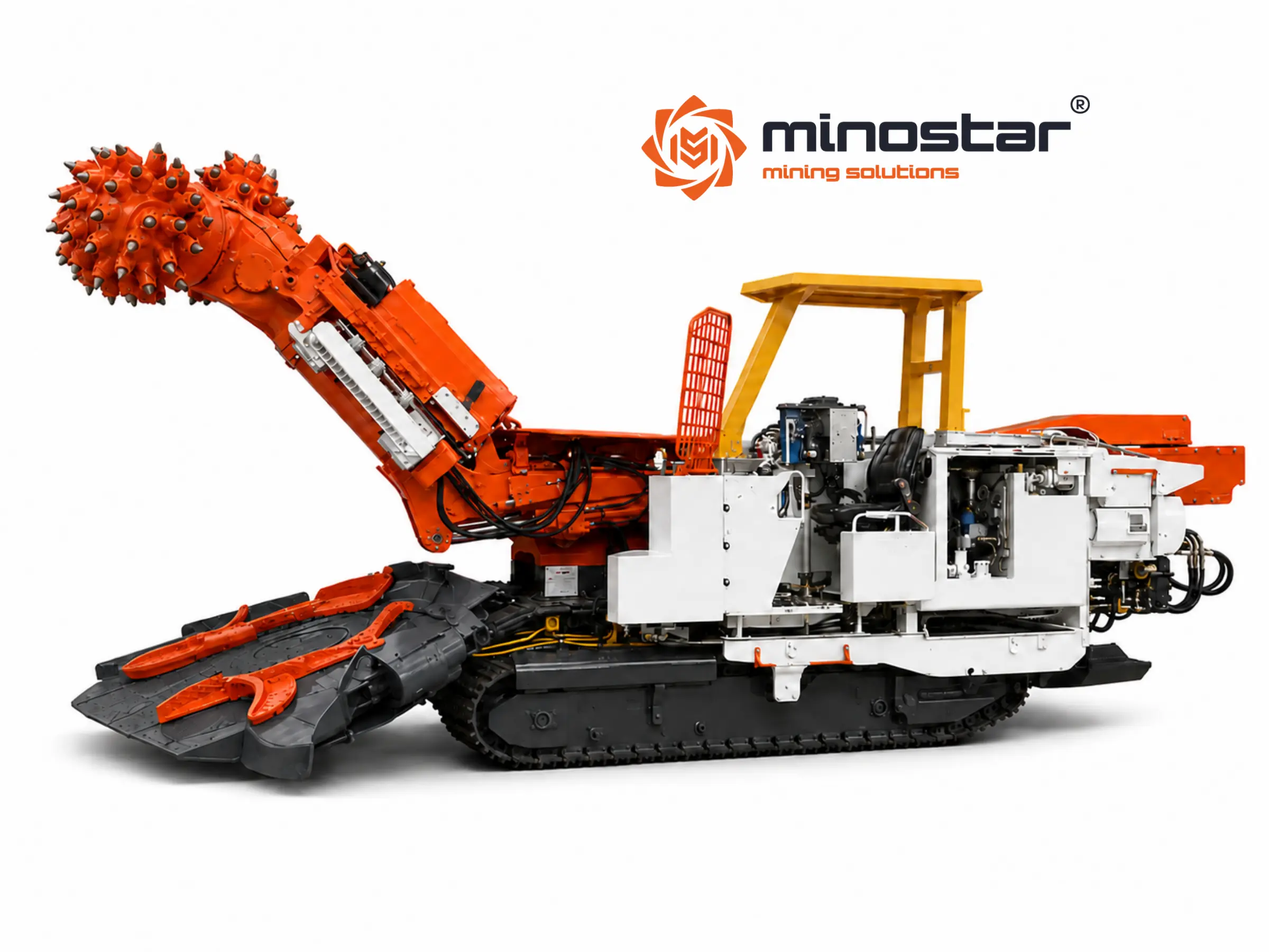 Visualización de la rozadora de galerías MR75 (Minostar Roadheader 75) La imagen muestra una visualización de la rozadora de galerías MR75 desarrollada por Minostar – Minostar Roadheader 75