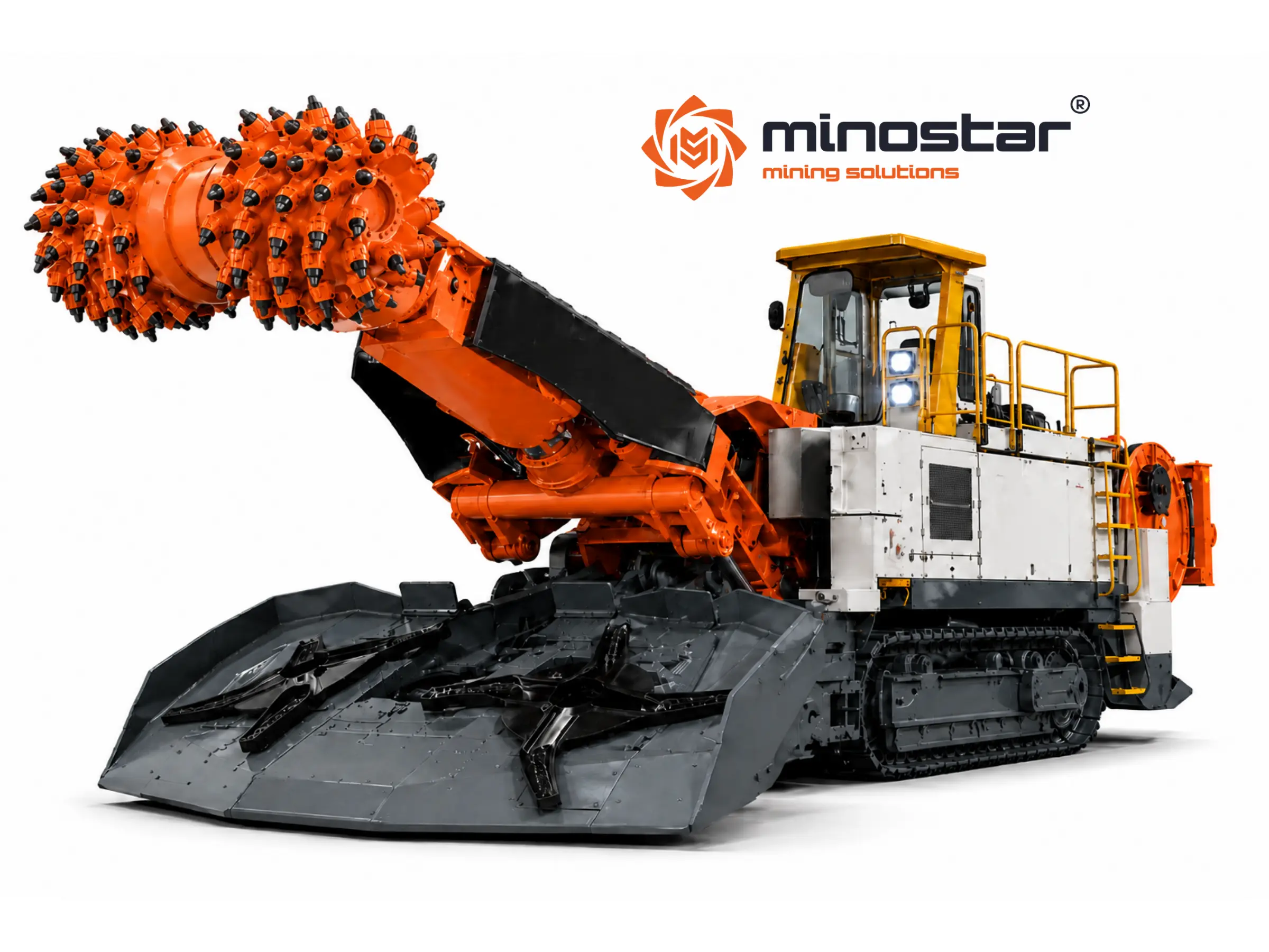 Visualización de la rozadora de túneles MR75T (Minostar Roadheader 75 Tunnel) La imagen muestra una visualización de la rozadora de túneles MR75T desarrollada por Minostar – Minostar Roadheader 75 Tunnel